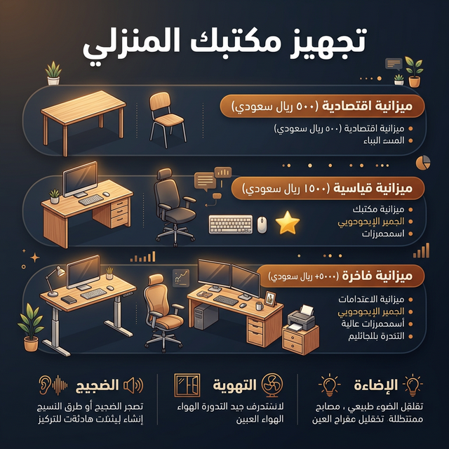 إنفوجرافيك: تجهيز المكتب المنزلي بثلاث ميزانيات