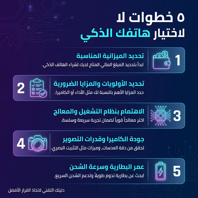 إنفوجرافيك: 5 خطوات لاختيار هاتفك الذكي المناسب - الميزانية، الأولويات، المعالج، الكاميرا، البطارية
